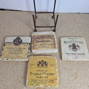 Vintage Style French Wine Label Stone Coasters Set of 4 with Metal Rack Rack